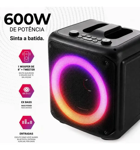 Caixa De Som Bluetooth Portatil 65 3000mah Karaoke Rgb