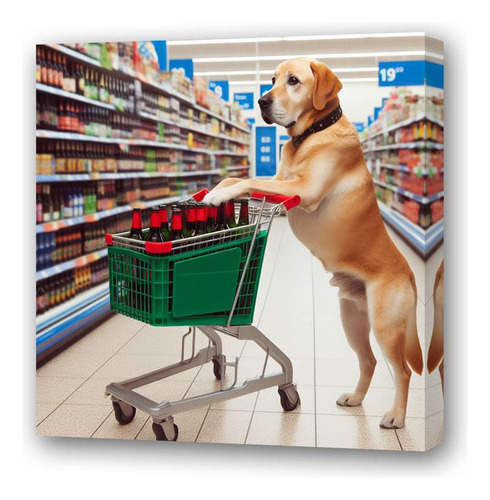 Cuadro 20x20cm Perro En Supermercado Comprando Cerveza M1