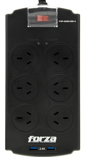 Imagen 1 de 5 de Zapatilla Enchufe Protector Tensión Forza 6 Tomas + USB Color Negro