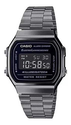 Reloj pulsera digital Casio A-168 con correa de acero inoxidable color plateado - fondo negro