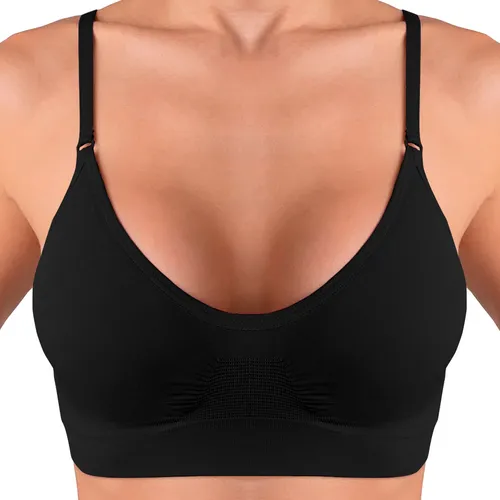 Vista frontal do sutiã top Lupo Loba preto sem costura em manequim