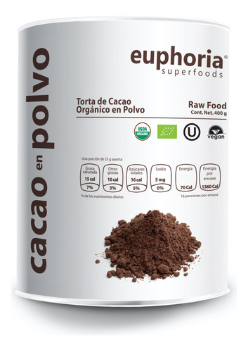 Cacao Orgánico En Polvo Certificado Euphoria Superfoods 400g