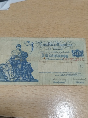 Billete Antiguo Argentina $ 50 Centavos Moneda Nacional 1947 (Usado)