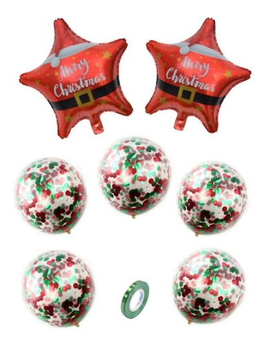 2 Globos Estrellas Papá Noel + 5 Globos Confeti Verde Y Rojo