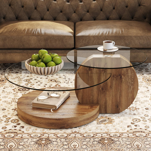 Mesa De Centro Redonda De Cristal Y Madera Con Almacenamient