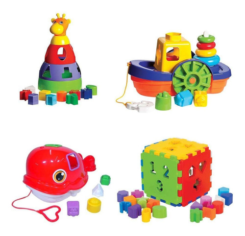 Kit 4 Brinquedos Educativos Girafa + Baleia + Cubo + Barco