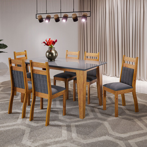 Mesa De Jantar 6 Lugares Beach Com Vidro Mel/grafite - Viero Pés Cinza