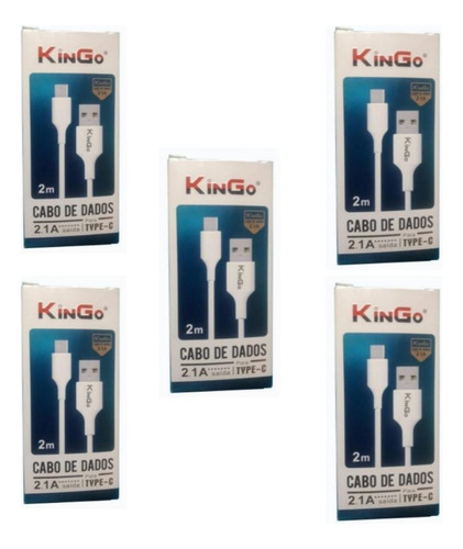 5 Cabos De Dados Usb-c Kingo 2m 2.1a Branco