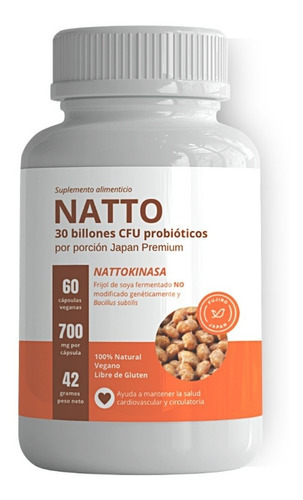 Natto Nattokinasa 30 Billones D Probióticos 60 Caps. Veganas Sabor Sin Sabor
