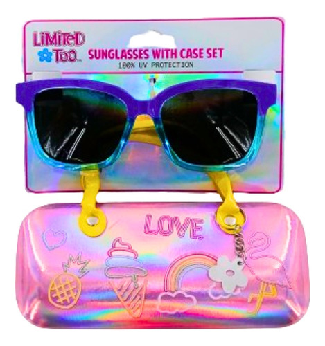 Gafas Lentes De Sol Con Protección Uv Infantil Con Estuche Lente Negro Varilla Lila Armazón Agua Diseño Unicornio
