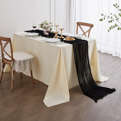 2pzs Caminos De Mesa Gasa Elegante Boho Decoración Boda Color Blanco Black Mantel Decorativo Decoración de Mesa Decoración de Fiesta Bebé Bautizo Cumpleaños Celebración Estilo Vintage Decoración