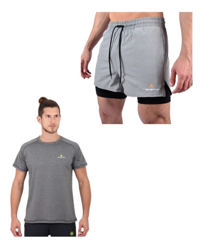 Combo Running Gris!remera +short Con Calza Y Bolsillos