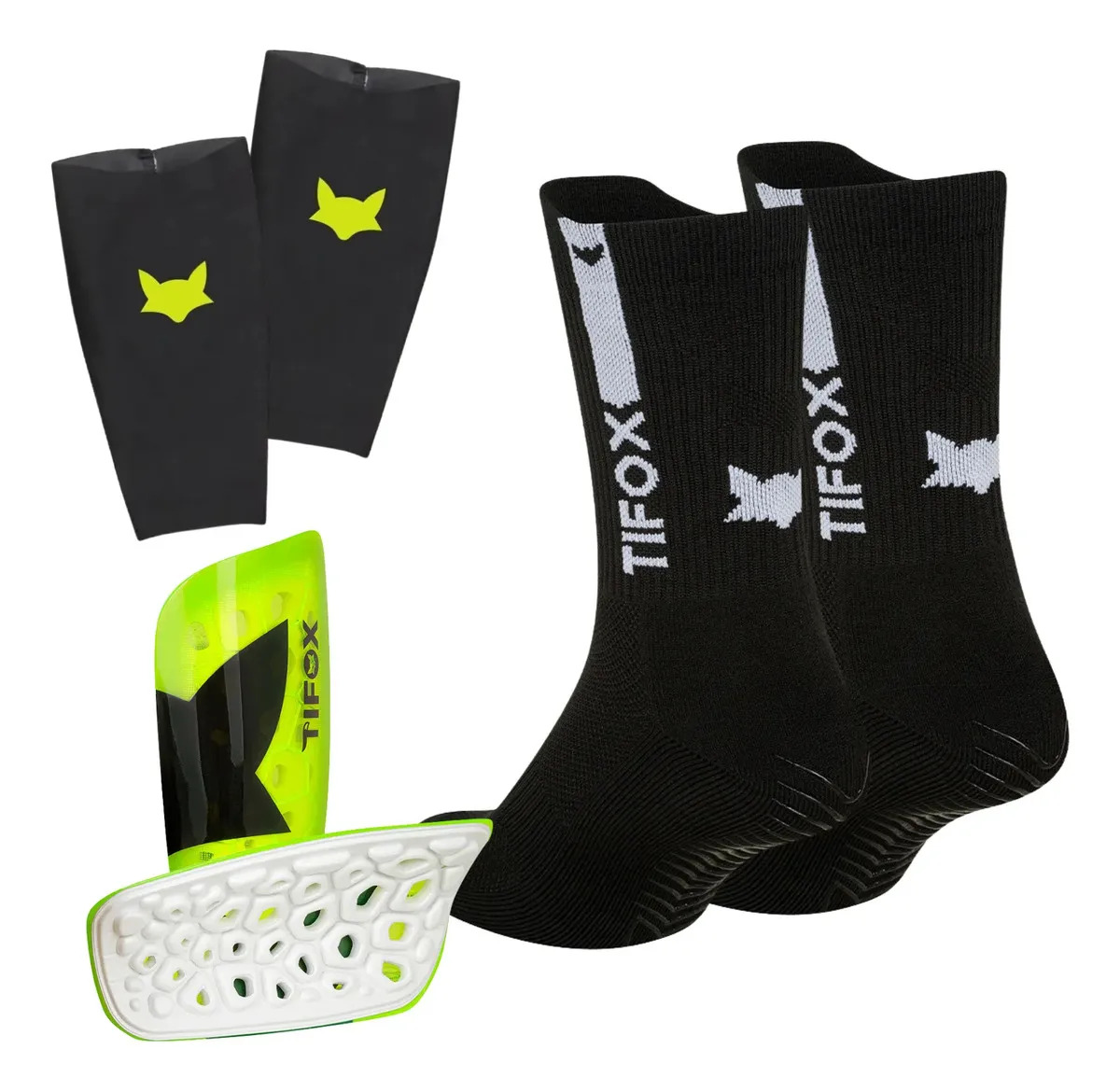 Kit Medias 3/4 Antideslizantes Hgr1 + Canilleras Tifox Negro Ultra Pro Unico