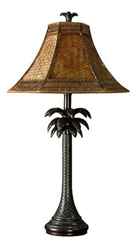 Lámpara De Mesa De Acero Con Palmera Y Tela De Ratán