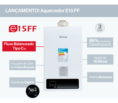 Aquecedor De Água Rinnai Digital E150ffh Para Glp 110/220v