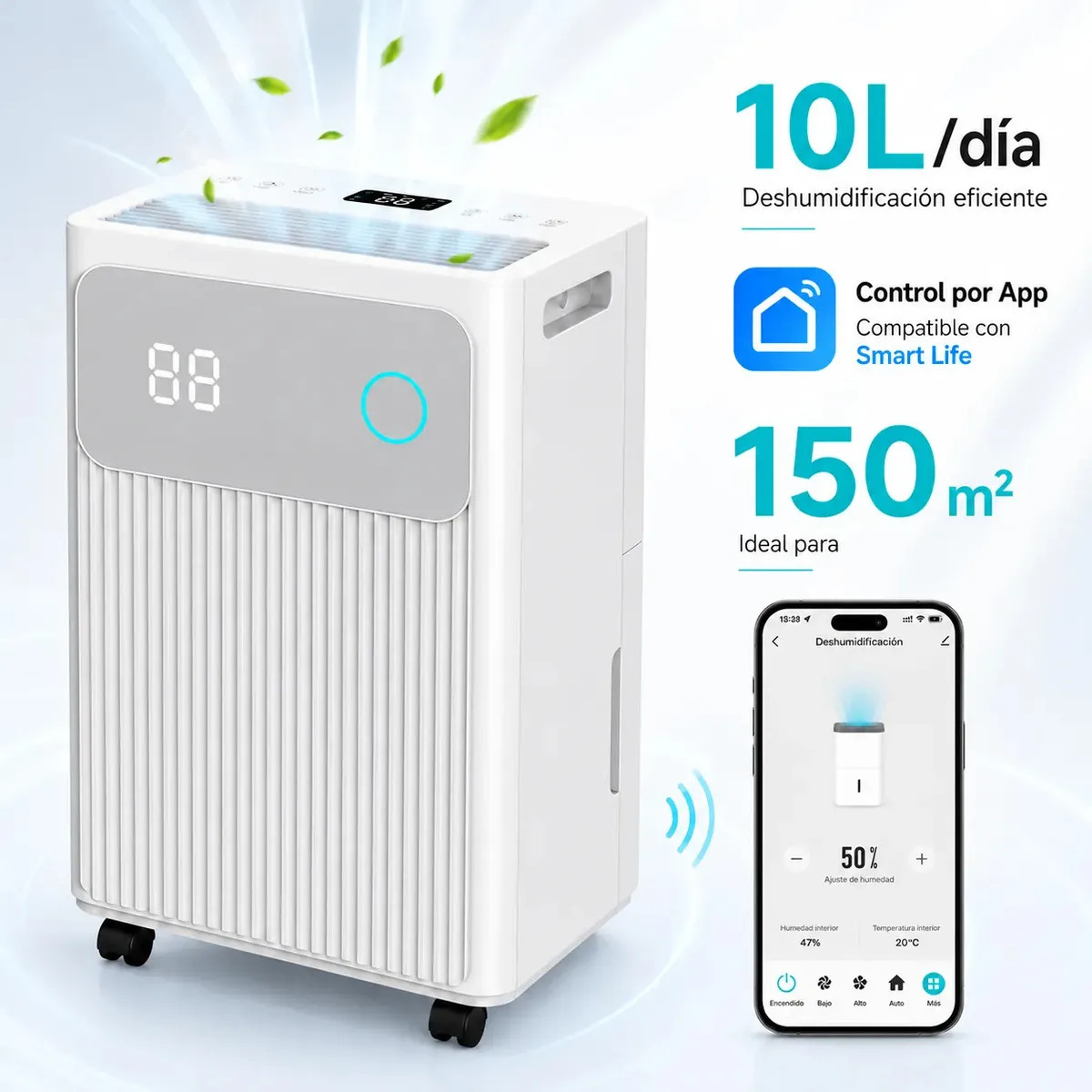 Deshumidificador extractor humedad maquina electrico doméstico silencioso 10L/Día drenaje continuo soporta 150㎡ para Cuarto, Sótano, Baño