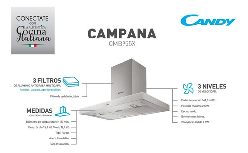 Imagen 2 de 2 de Campana Candy Cmb955x 231w 3 Velocidades 3 Filtros Lavables Color Plateado