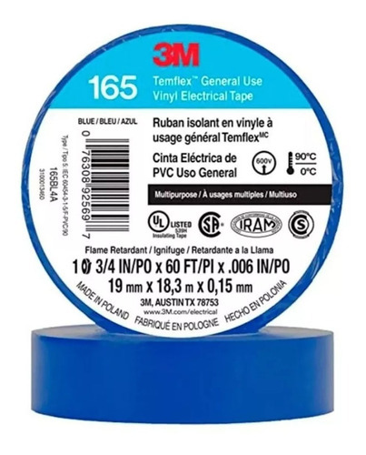 Cinta 3m Aisladora Pvc Temflex 165 19mm X 18,3m Color Azul (10 Unidades)