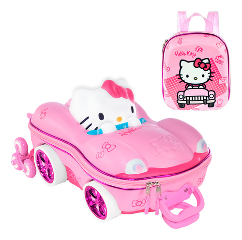 Mochila Lancheira Hello Kitty Carro Rosa 3d Maxtoy Rodas