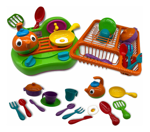 Kit Cozinha Infantil Fogão + Escorredor + Panela E Pratos