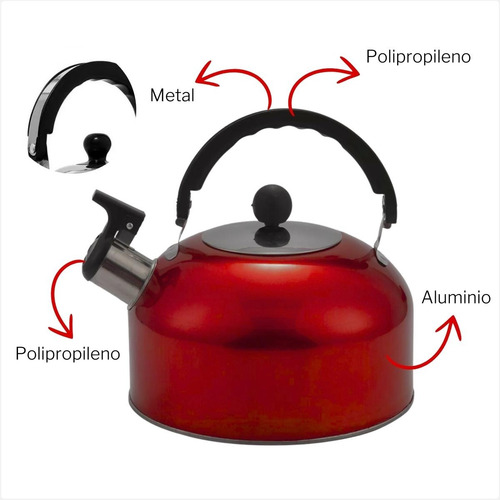 Chaleira Em Aço Inox Com Tampa Apito E Alça 2 Litros Cor Vermelho Fosco