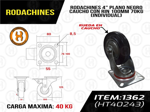 Rodachines 4'' Plano Negro Caucho Con Rin 100mm 70kg