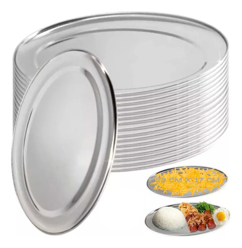 30 Travessas Oval Aço Inox Rasa 28,5 Cm Fina Bandeja Porções Cor Cromado Inox