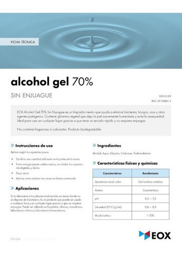 Alcohol Gel 70% Sin Enjuague Con Registro Isp Eox 1 Litro