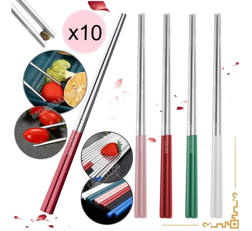 Set Juego De 10 Pares Palitos Chinos Acero Inoxidable Sushi