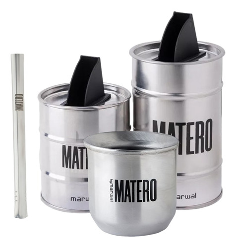 Set Mate Acero Caja + Bombilla Chata + Yerbera + Azucarera 