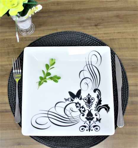 Jogo Com 1 Prato Porcelana Oxford Tatoo + Talheres De Mesa