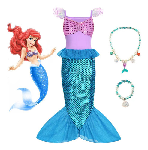 Vestido De Princesa Sirena Con Collares Y Pulseras, Vestidos De Princesa Sirenita Para Niñas Disfraz De Sirena Vestido De Fiesta De Cumpleaños