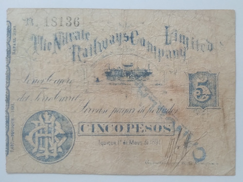 Billete Salitrero Iquique 5 Pesos 1891 Nitrate Railways. J