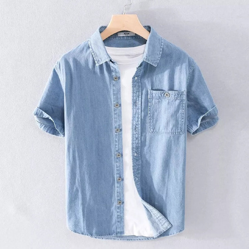 Camisas Jeans Masculinas De Manga Curta Vintage 100% Algodão