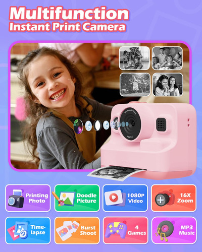 Instant Print Camera Anchioo For Kids W/ 3 Print Paper Pink