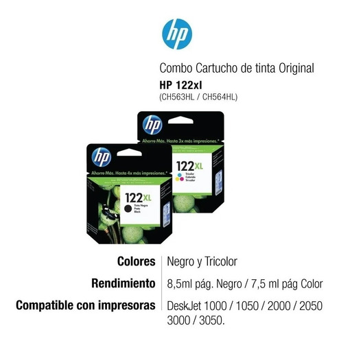 Imagen 2 de 6 de Combo Cartucho Hp122xl Negro + Color Original 1000/2000/2050