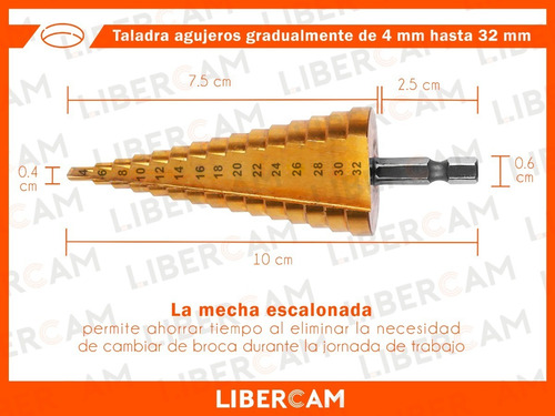 Imagen 4 de 10 de Mecha Escalonada Conica Titanio Taladro 4-32mm Metal Madera
