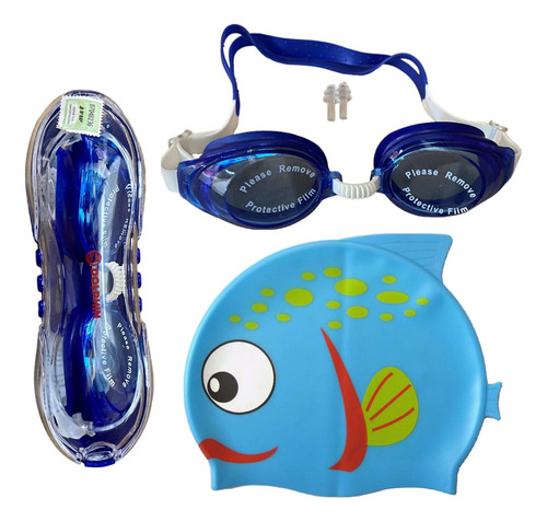 Kit Antiparras Lente Natación Gorro Silicona Tapones Dolphin