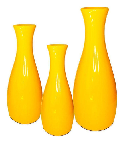 Trio Vasos Garrafas Grandes Em Cerâmica Decorativa - Amarela