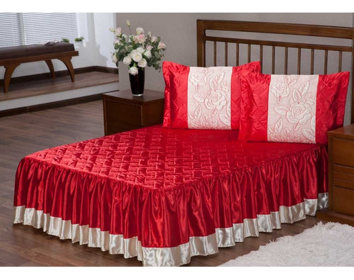 Colcha Cama De Casal Cetim Cobre Leito Rosas 3 Peças Cor Vermelho