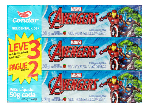 Pasta de dentes Condor Kids+ Avengers Morango  em gel pacote x 3 150 g