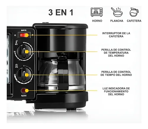 Horno Electrico 3 En 1 Maquina Cafetera Sarten Horno Plancha Negro