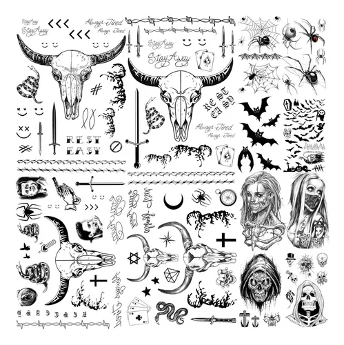 12 Hojas Juego De Tatuajes De Cara De Halloween, 4 Hojas De