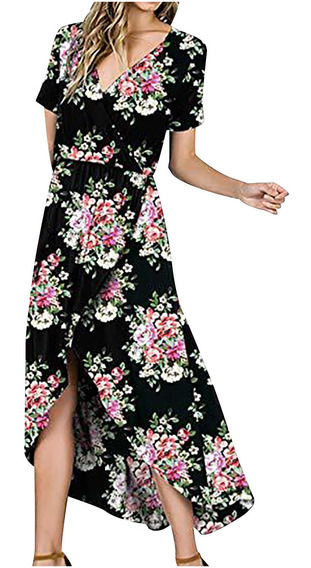 Vestido Mujer Estampado Verano Manga Corta Cuello En V Split Vestido Mujer Estampado Verano Manga Corta Cuello En V Split