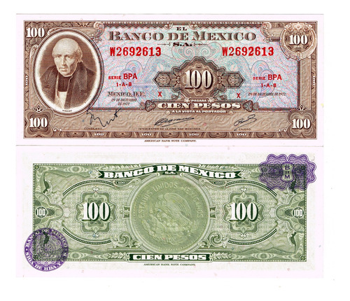 Billete De Mexico $100 Pesos Hidalgo Nuevo Sin Circular 1972