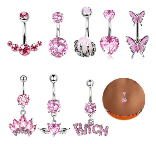 8 Pcs Piercing Ombligo Mujer Acero Inoxidable Fashion Rosa  