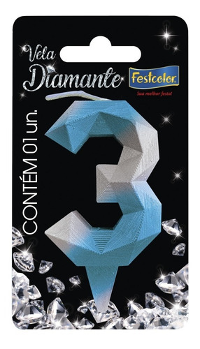 Número 3 - Vela Diamante Azul E Prateada Para Bolo E Festa
