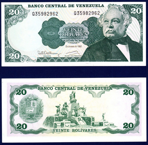 Billete 20 Bolívares Q8 Diciembre 8 1992 José Antonio Páez