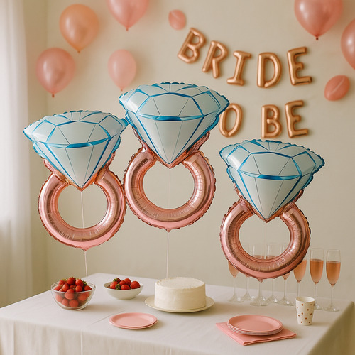 12 Globos Anillo Compromiso Papel Metalizado Boda Despedida Color Blanco con Rosa Anillos