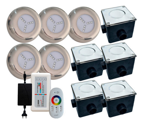 Kit 5 Refletor Piscina Led 9w Inox Rgb Comando E Caixa